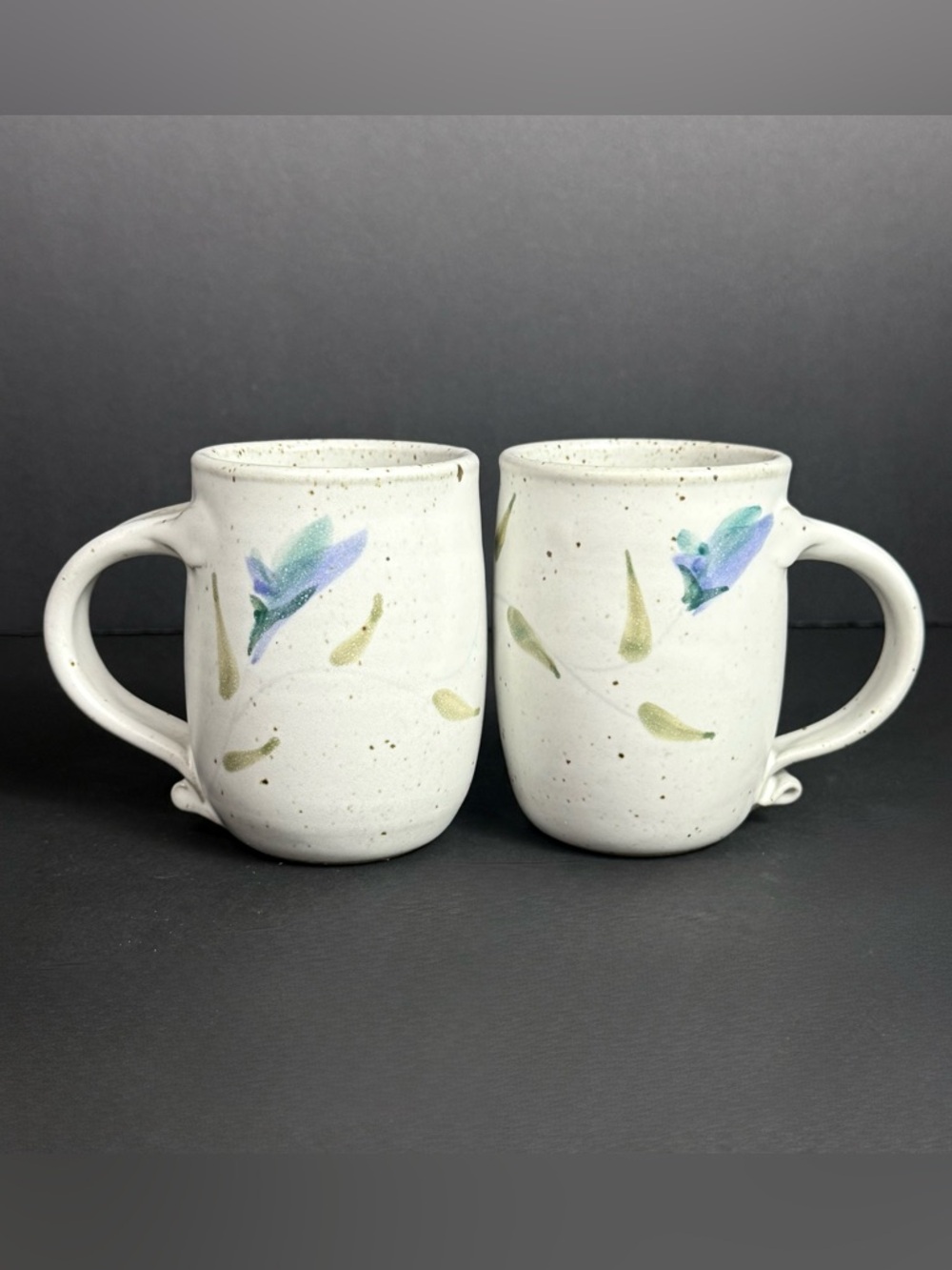 Vintage Pair of Studio Pottery Speckled Coffee Mugs Cups SIGNED Water Color 80s